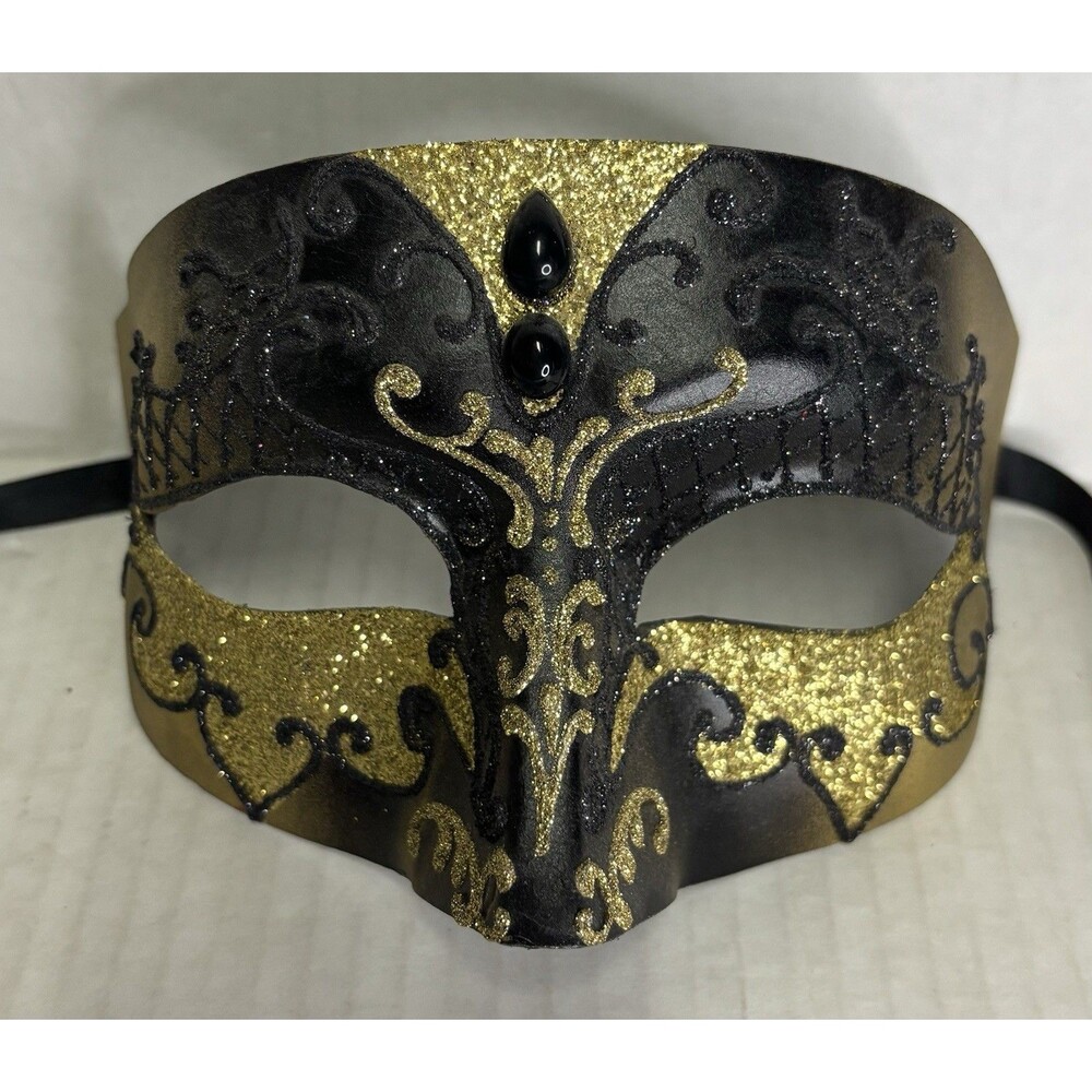 Handmade Venetian Paper Mache Masquerade Hand Painted Mask Black And Gold